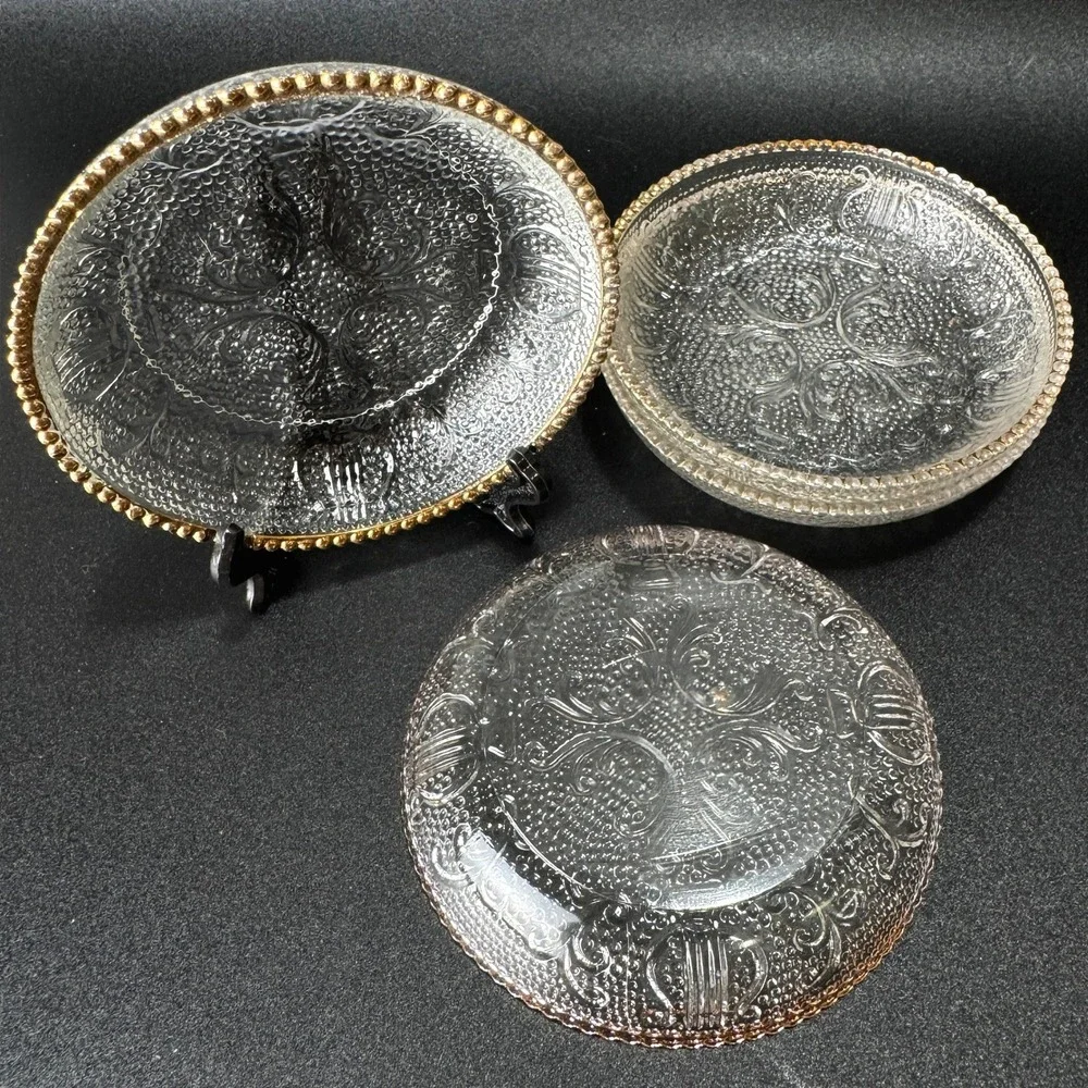 Vintage Jeannette Glass Harp Coasters Butter Pat Condiment 4 Gold Trim 50's MCM